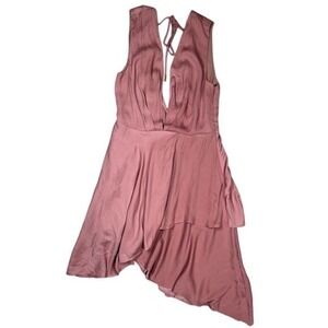 Michael Costello x REVOLVE Dress Women's Sz M Pink Deep V Asymmetrical Layered